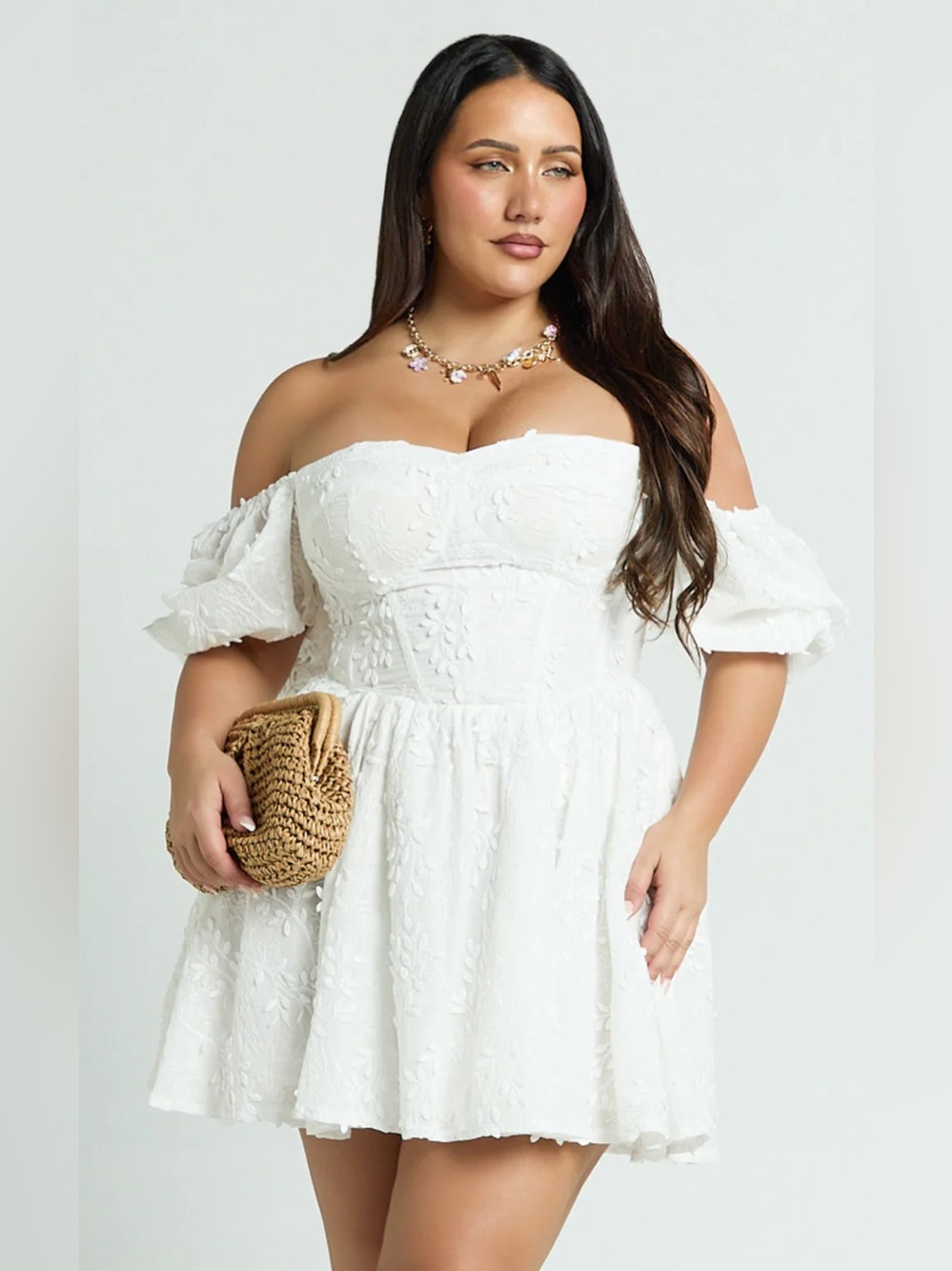 SHOWPO. NWT White Embroidered Puff Sleeve Corset Esthela Mini Dress - Picture 3 of 14